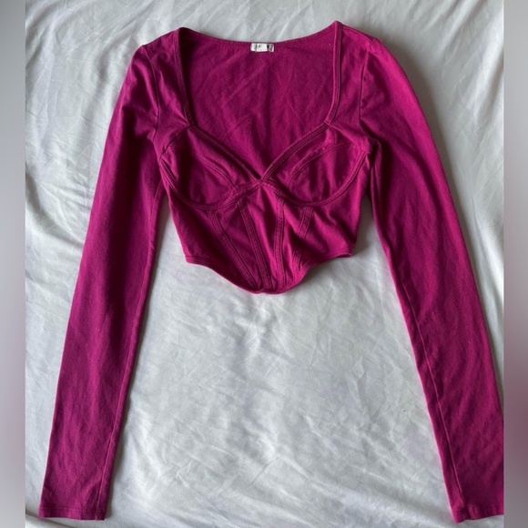 Fuchsia Corset-Style Long Sleeve Crop Top - Size XXS - Picture 1 of 2